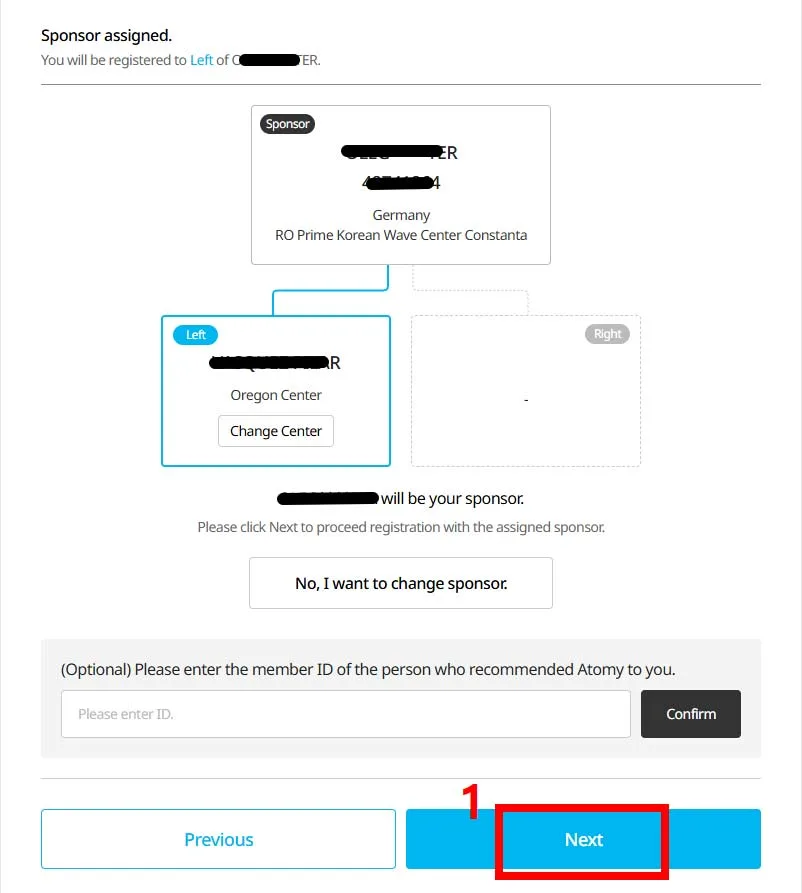 Sponsor assignment screen showing the left sponsor and a centered 'Oregon Center' card with a 'Change Center' button, and a highlighted 'Next' button at the bottom navigation.